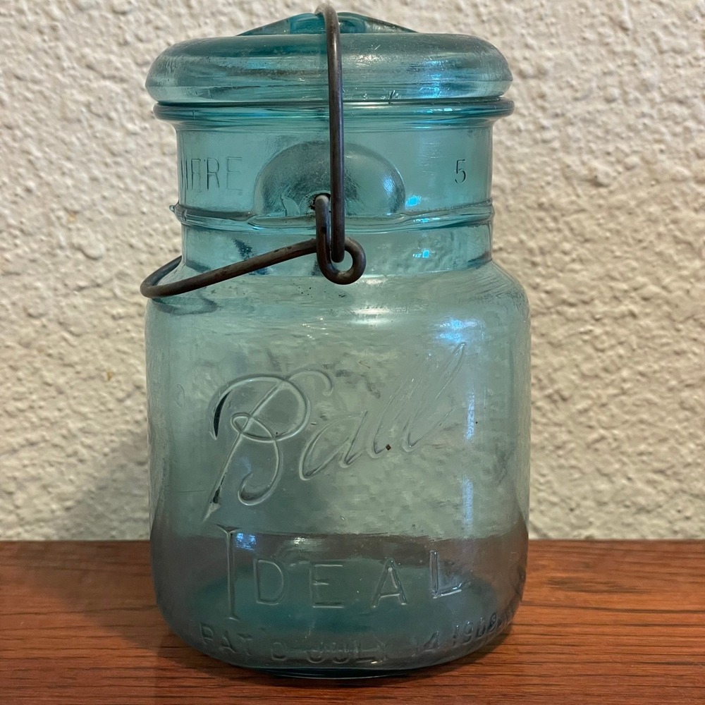 Vintage Ball Ideal Aqua Blue Glass Mason Jar July 14 1908 Wire Bail Lid #5 *READ